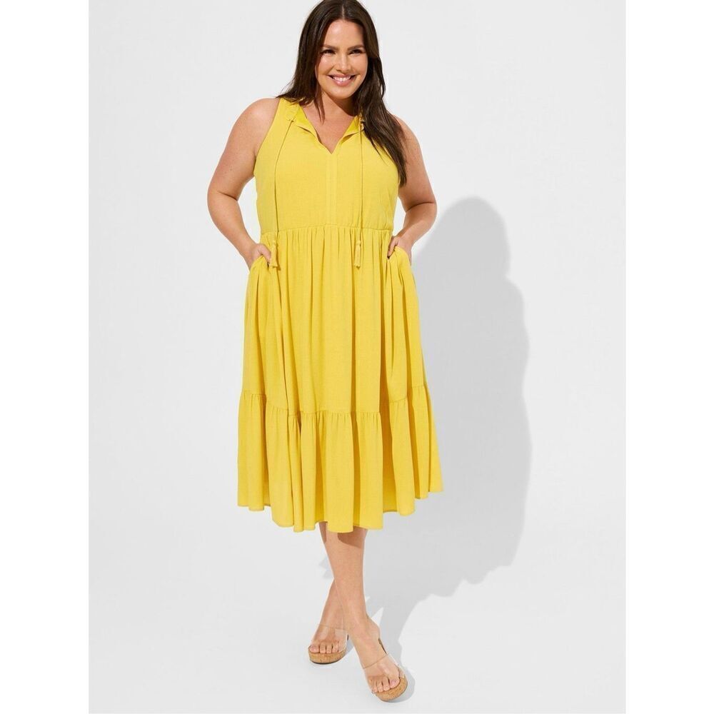Womens Torrid Sleeveless Midi Wash Gauze Tiered Tassel Dress in Sulphur - Sz 3
